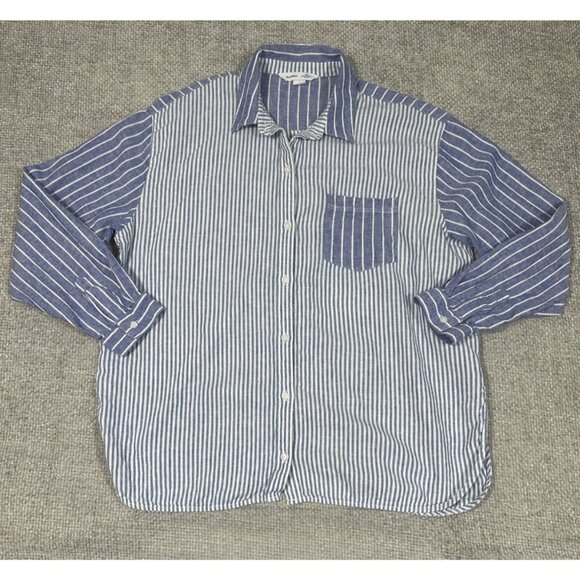 Old Navy Boyfriend Shirt Womens Large Blue White‎ Striped Linen Blend Beach - Picture 1 of 9